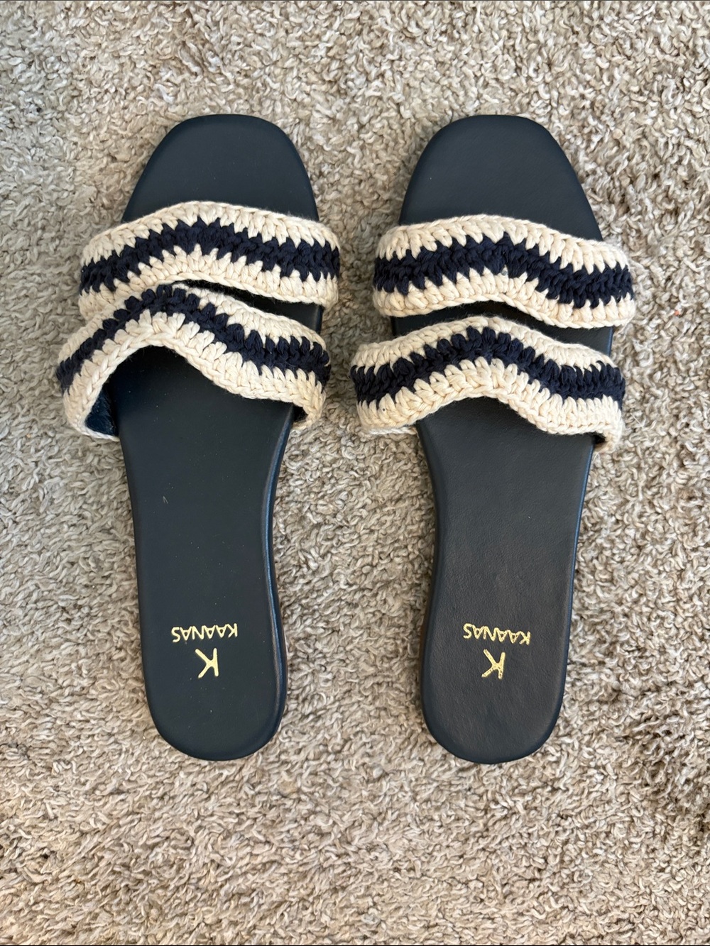 Kaanas Navy Slide Sandals with Cream Crochet Straps